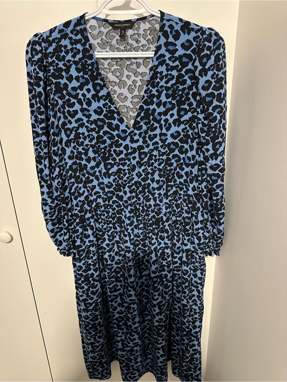 Banana Republic Blue and Black Leopard Print V-Neck Dress